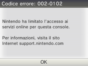 Schermata di errore ban online Nintendo 3DS